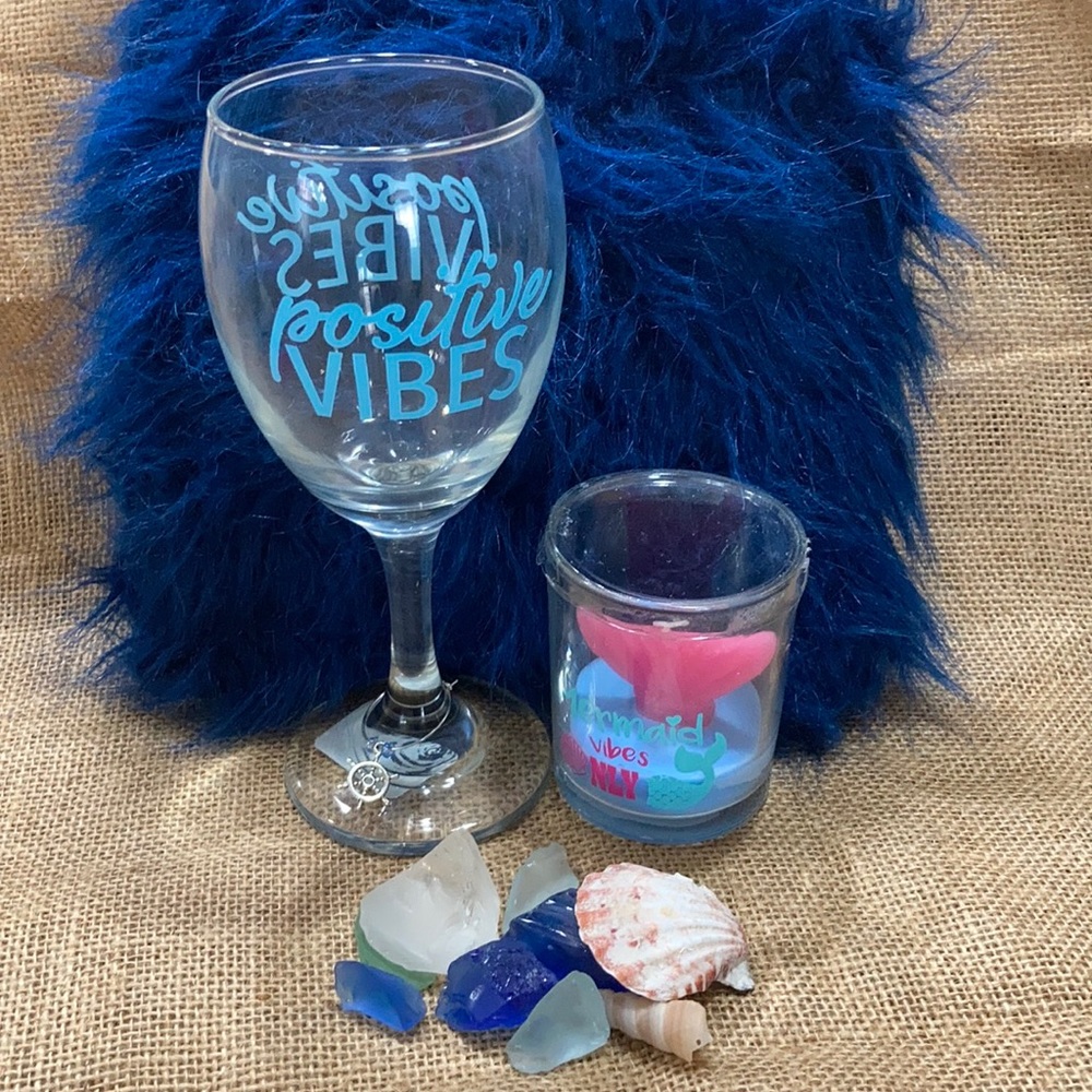 Mermaid Positive Vibes Oceanblue Wine & Candle set